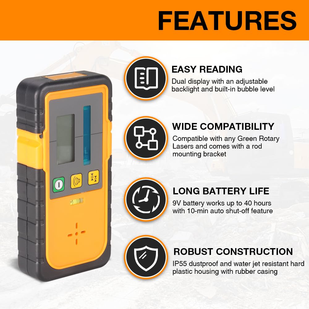 MOUNTLASER Digital Rotary Laser Receiver with Dual Display and Built-In Bubble Level, Compatible with All Red Rotary Lasers - Rod Clamp Included (Green Beam-RD-FT-G) - WoodArtSupply