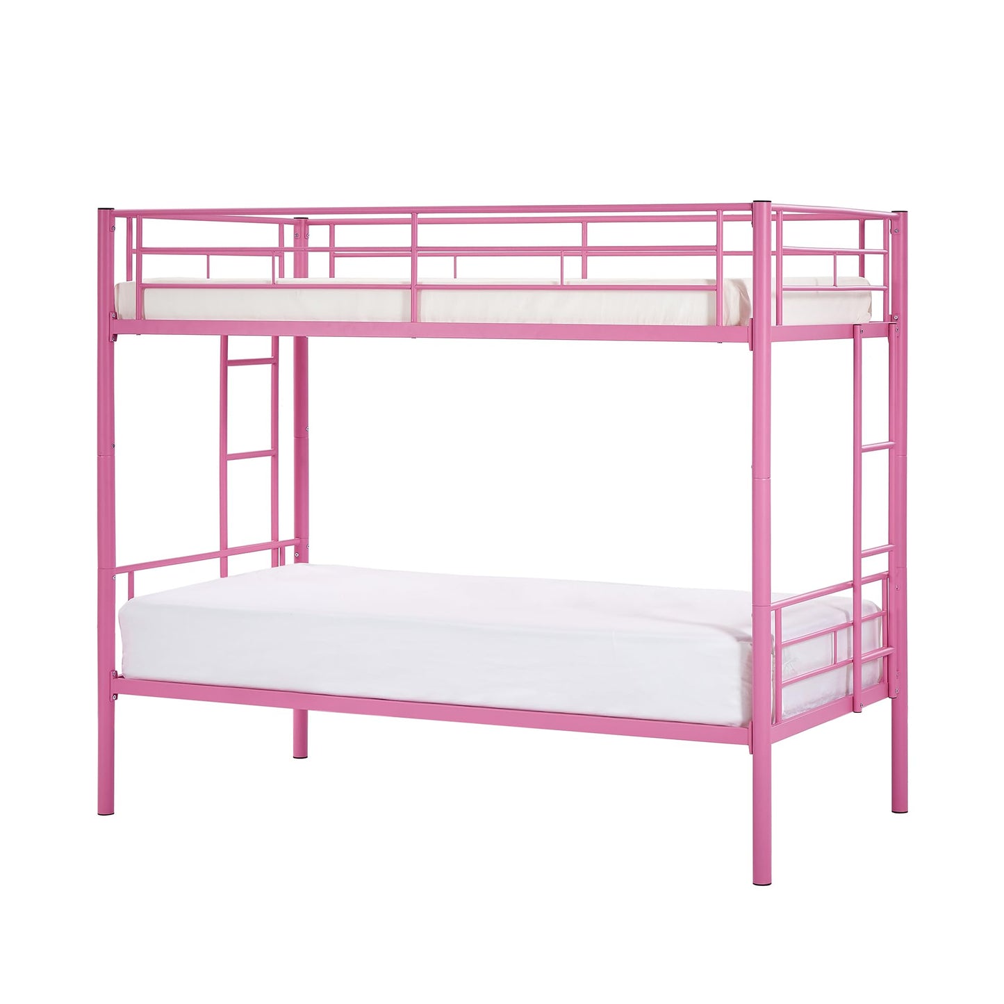 VECELO Twin Over Twin Bunk Bed with Built-in Ladder and Safety Guardrail, Heavy Duty Metal Bunkbeds, Space Saving, No Box Spring, Pink