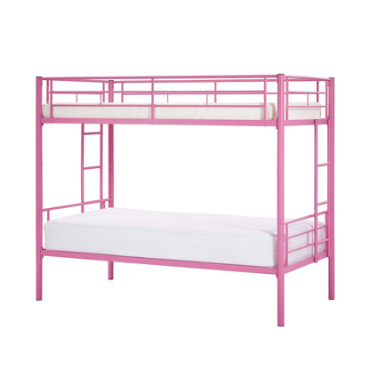 VECELO Twin Over Twin Bunk Bed with Built-in Ladder and Safety Guardrail, Heavy Duty Metal Bunkbeds, Space Saving, No Box Spring, Pink