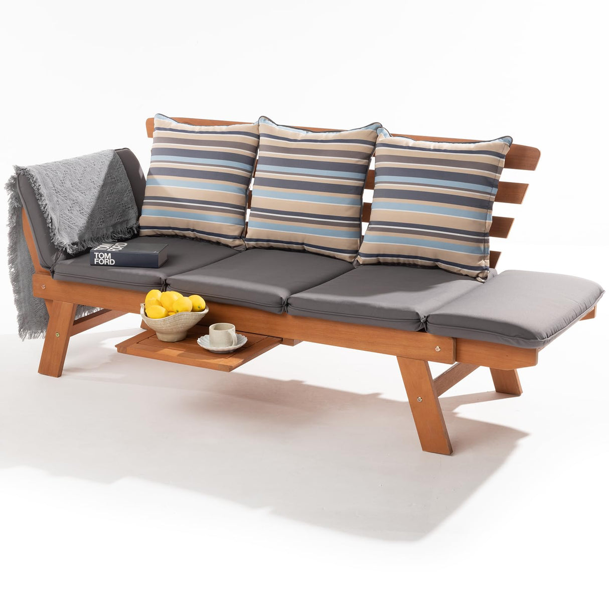 IDZO Amelie Outdoor Daybed Sofa: 750lbs Max Weight Support, Sleeper Chair with Armrest, Coffee Tray, 3 Pillows, FSC Wood, Gray, Ideal for Outdoor Couch IDZO