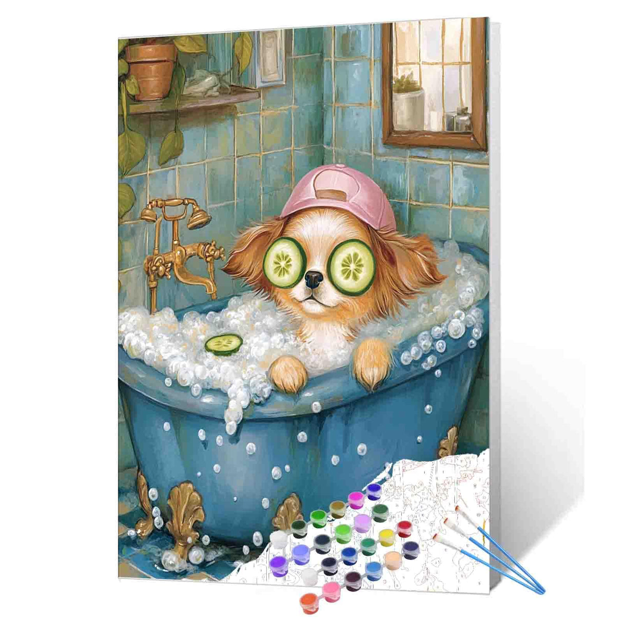 Relaxing Spa Dog Paint by Number for Adults Beginner and Kids Funny Cute Puppy Bubble Bath Paint by Number Kit on Canvas Pictures for Home Wall Decoration Drawings Gifts 16x20 Inch (Frameless) Aihonmin