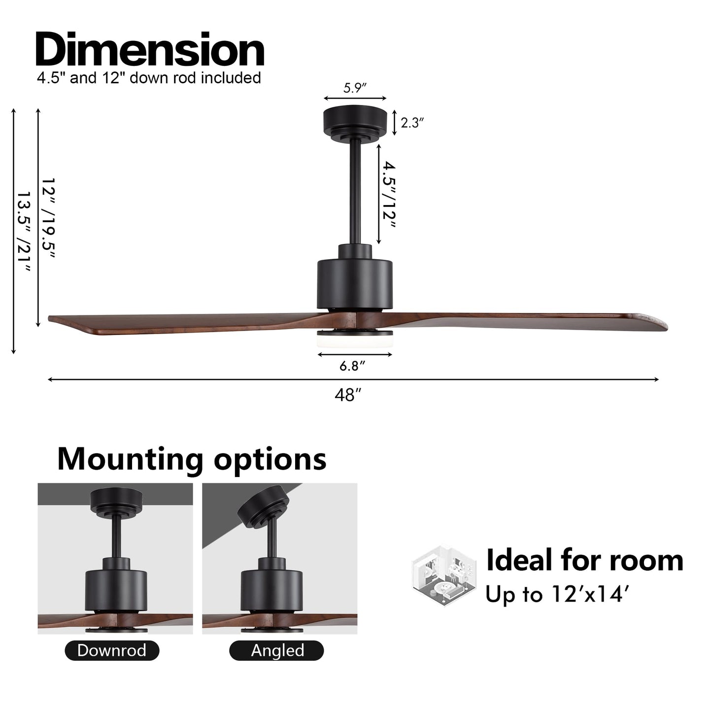 WINGBO 48 Inch DC Ceiling Fan with Lights and Remote Control, 4 Carved Solid Wood Blades, 6-Speed Noiseless Reversible DC Motor, Modern Ceiling Fan in Black Finish with Walnut Blades, ETL Listed