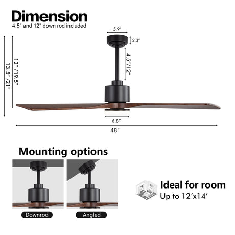 WINGBO 48 Inch DC Ceiling Fan with Lights and Remote Control, 4 Carved Solid Wood Blades, 6-Speed Noiseless Reversible DC Motor, Modern Ceiling Fan in Black Finish with Walnut Blades, ETL Listed WINGBO