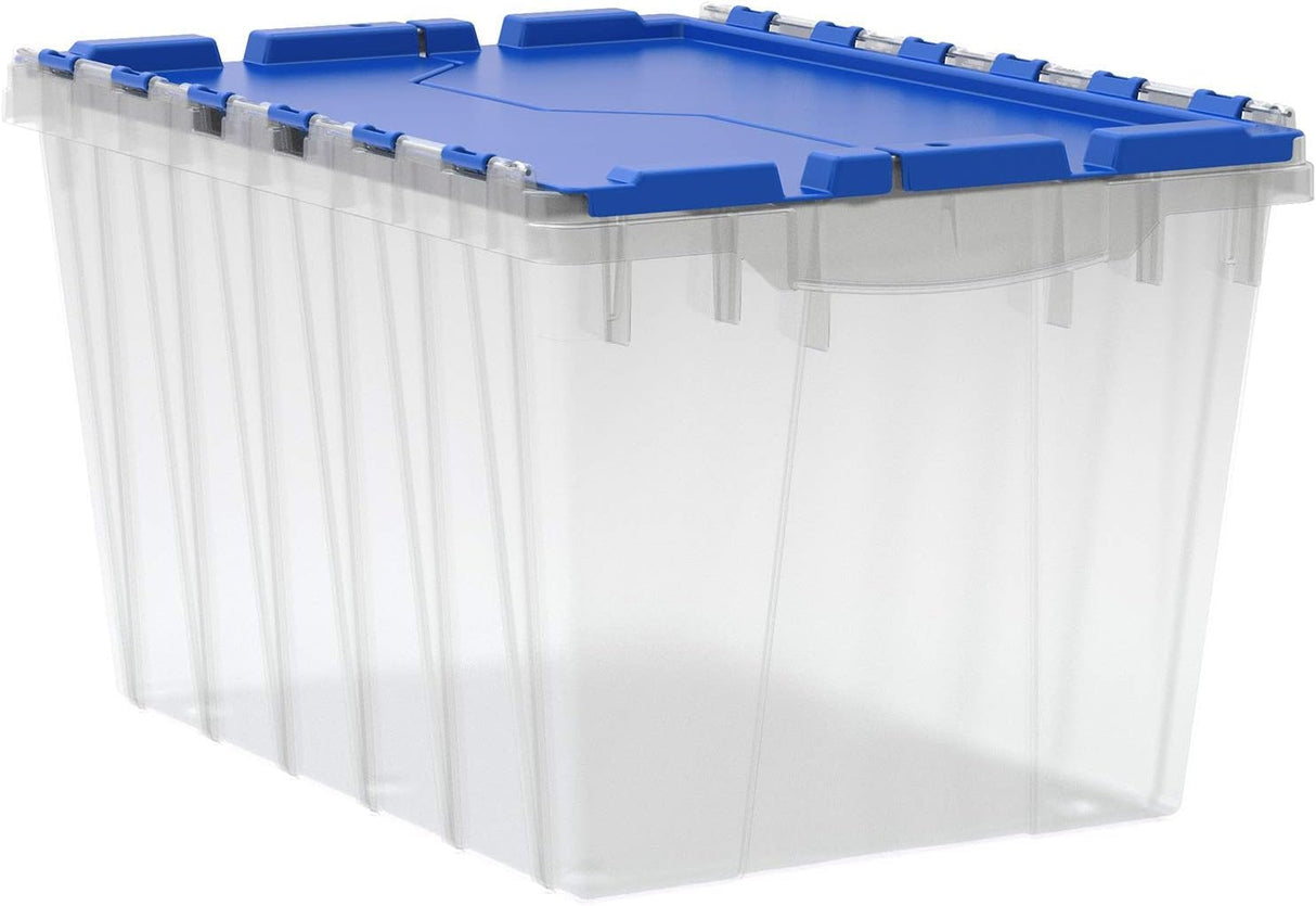 Akro-Mils KeepBox 12 Gallon Storage Container, Nesting and Stackable Plastic Storage Box with Lid Attached, Clear Tote for Garages, Closets, and Moving, 21-1/2" x 15" x 12-1/2", Clear/Blue Akro-Mils
