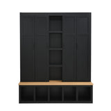 THINK 30 62.9" W Farmhouse 4-in-1 Hall Tree with 6 Hanging Hooks, Mudroom Wood Grain Bench with Open Compartments, Entryway Shoe Cabinet with Seating Bench for Living Room, Hallway, Black (Black) THINK 30