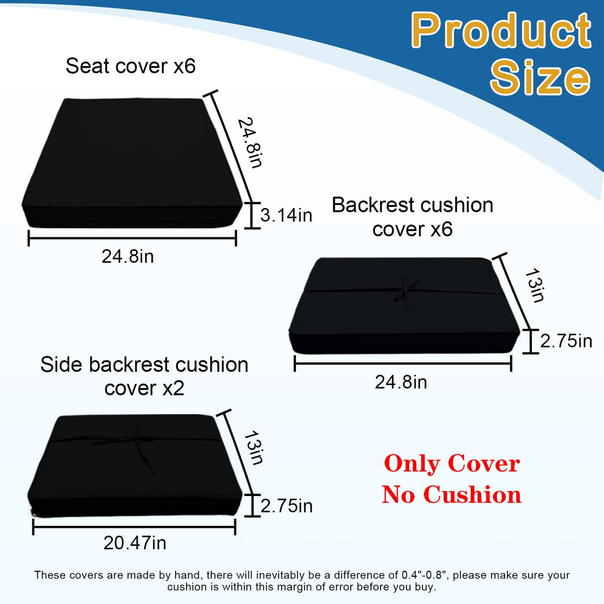 Rkufoze 14 PCs Patio Cushion Covers for 7 PCs Outdoor Furniture Sectional Seating Sets Water Resistant Plus 2 Throw Pillows (Black, 24.8(L)*24.8(W)*3.14(T) inches) Rkufoze