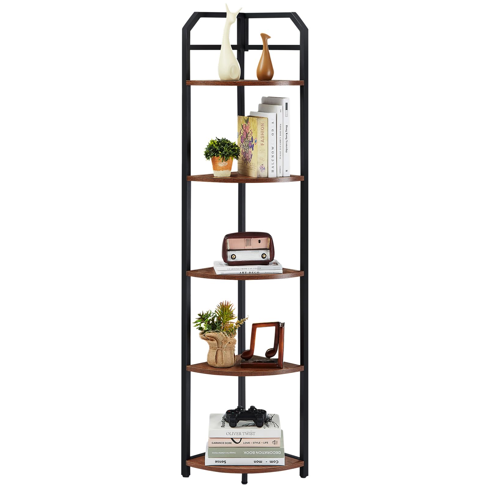 MNEETRUNG 5-Tier Industrial Corner Shelf - Freestanding Brown Bookshelf for Space-Saving Storage and Display - WoodArtSupply