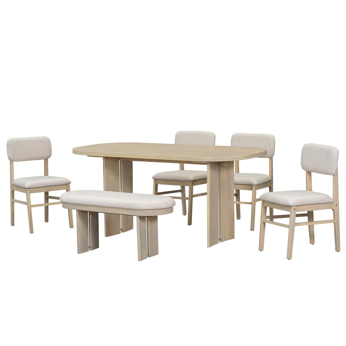 Merax Farmhouse Wooden Dining Set of 6, 65 Inch Rectangular Kitchen Table, Upholstered 4 Chairs with Backrest, Bench with Cushion, Easy Assemble, Natural Merax