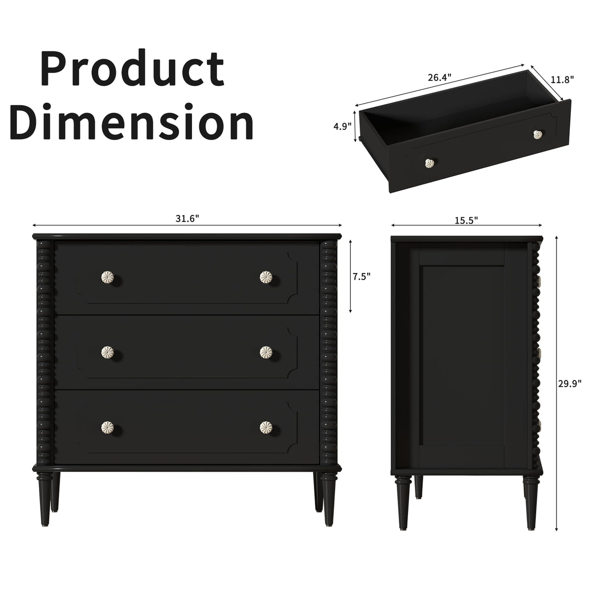 ZOSQUARE 3 Drawer Dresser, 32 inch Wide Dresser for Bedroom, Modern Wood Chest of Drawers, Turned Legs Nightstand with 3 Drawers for Dorms, Hallway, Entryway (Black) ZOSQUARE