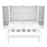 Full Size Murphy Wall Bed With Storage and Bookcase Headboard, Solid Wood Cabinets, Shelves, Drawers and USB Ports, Multi-Function Platform for Home Office, Guest Room (White) MERITLINE
