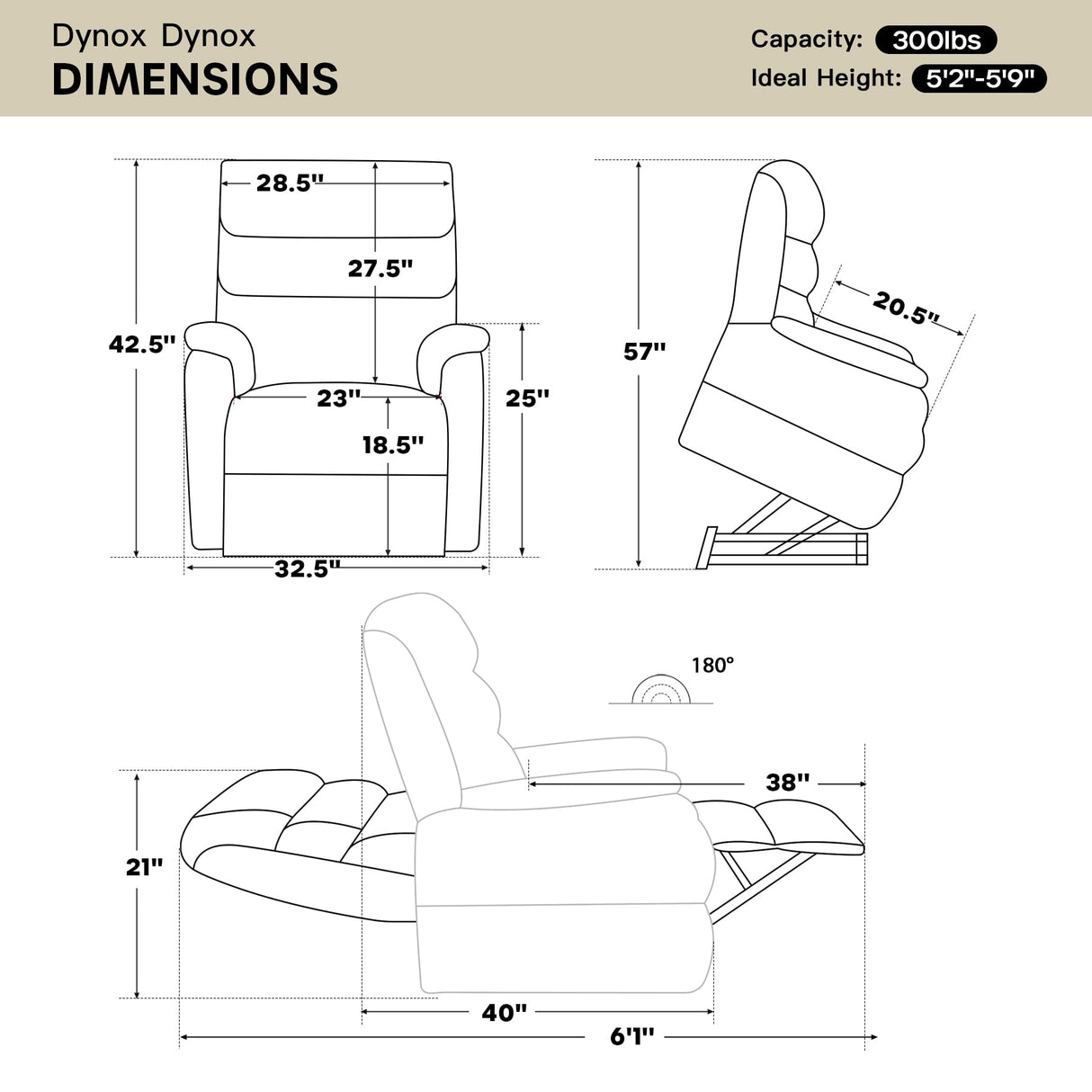 DYNOX 350 LBS Power Lift Recliner Chair for Elderly, Medium Size Dual Motor Lay Flat Infinite Positions Recliner with Heat & Massage(9188,Faux Leather,Cream) DYNOX