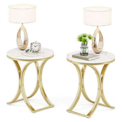 Tribesigns Small Round Sofa Side Table Set of 2, Contemporary Round Coffee Table, Accent Bedside Table (Faux Marble) - WoodArtSupply