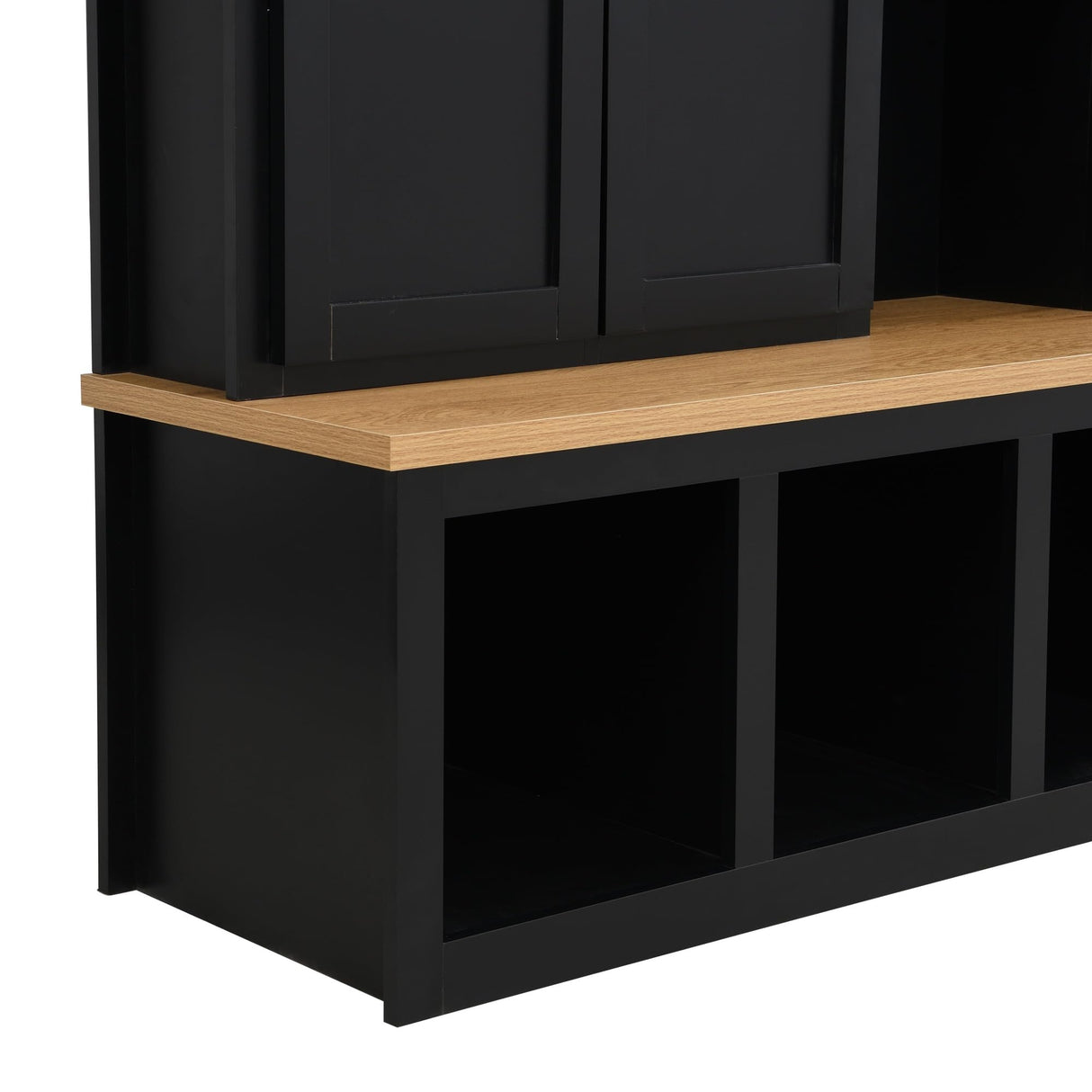 THINK 30 62.9" W Farmhouse 4-in-1 Hall Tree with 6 Hanging Hooks, Mudroom Wood Grain Bench with Open Compartments, Entryway Shoe Cabinet with Seating Bench for Living Room, Hallway, Black (Black) THINK 30