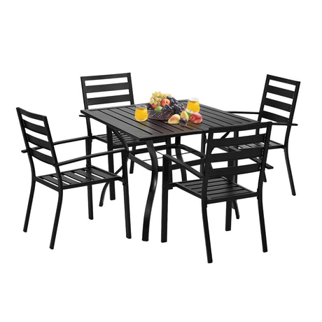 VINGLI 5-Piece Outdoor Dining Set, Metal Patio Dining Set for 4, Square Dining Table with Umbrella Hole & 4 Stackable Patio Chairs for Porch, Deck and Backyard VINGLI