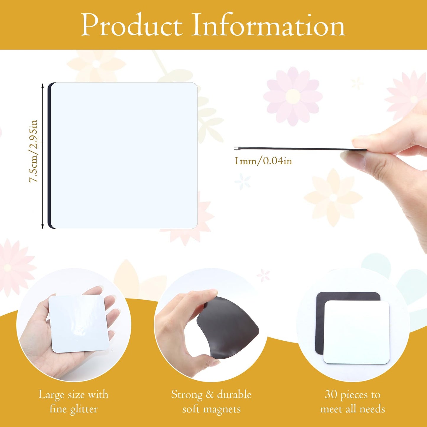 ZYNERY Sublimation Magnet Blanks 3x3 inch, 30Pcs Sublimation Blank Fridge Magnets Printable Photos, Personalized Sublimation Magnets for Refrigerator Decoration, Kitchen, Office, Wall