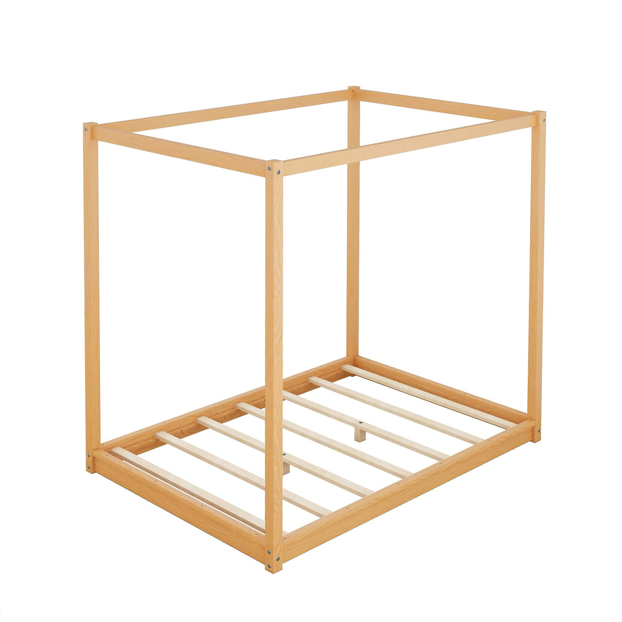 Modern Queen Size 4-Poster Canopy Bed Frame in Natural Wood Finish MWrouqfur