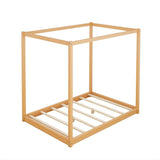 Modern Queen Size 4-Poster Canopy Bed Frame in Natural Wood Finish MWrouqfur
