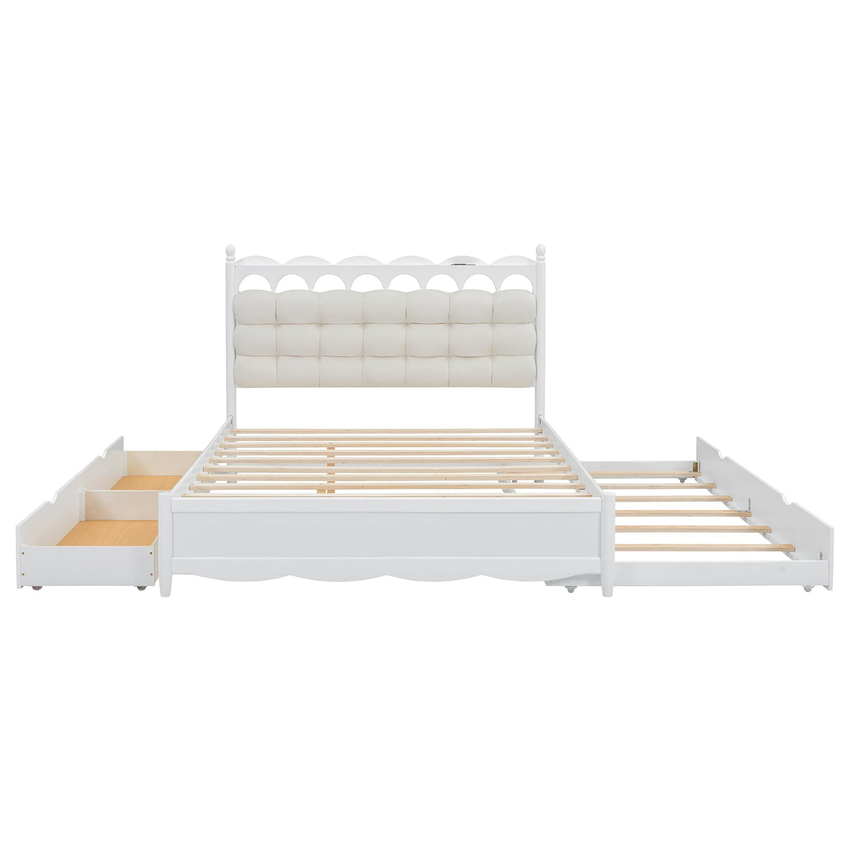 Merax Queen Size Wooden Storage Platform Bed with 2 Big Drawers, Twin-XL Size Trundle, One Set of Sockets & USB Ports, Square Velvet Upholstered Headboard, White Merax