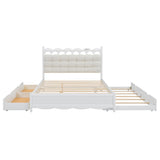 Merax Queen Size Wooden Storage Platform Bed with 2 Big Drawers, Twin-XL Size Trundle, One Set of Sockets & USB Ports, Square Velvet Upholstered Headboard, White Merax