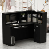 AGOTENI Reception Desk Reception Stations with Open Shelf & Drawers, L Shape Reception Table Wooden Computer Desk for Office Reception Room, Black AGOTENI
