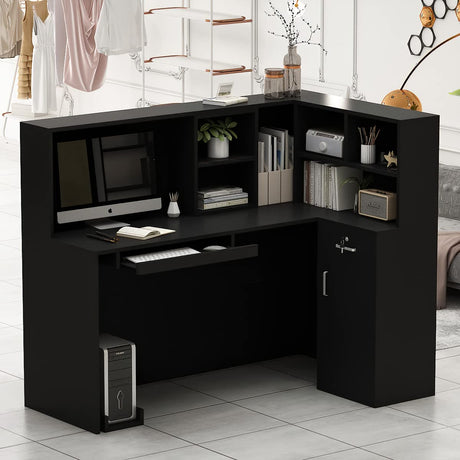 AGOTENI Reception Desk Reception Stations with Open Shelf & Drawers, L Shape Reception Table Wooden Computer Desk for Office Reception Room, Black AGOTENI