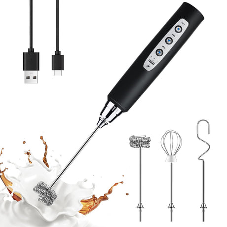 YUSWKO Black Handheld Milk Frother Wand for Coffee, Rechargeable Electric Whisk with 3 Heads 3 Speeds Drink Mixer Coffee Frother For Latte, Cappuccino, Hot Chocolate, Egg YUSWKO
