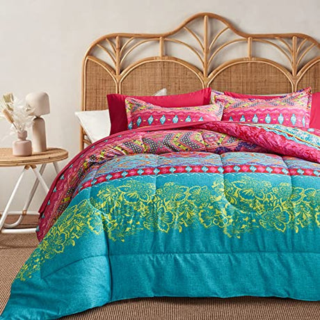 Flysheep Boho Bed in a Bag 7 Pieces Queen Size, Colorful Bohemian Tribal Style Pink n Blue Floral Reversible Comforter Set (1 Comforter, 1 Flat Sheet, 1 Fitted Sheet, 2 Pillow Shams, 2 Pillowcases) Flysheep