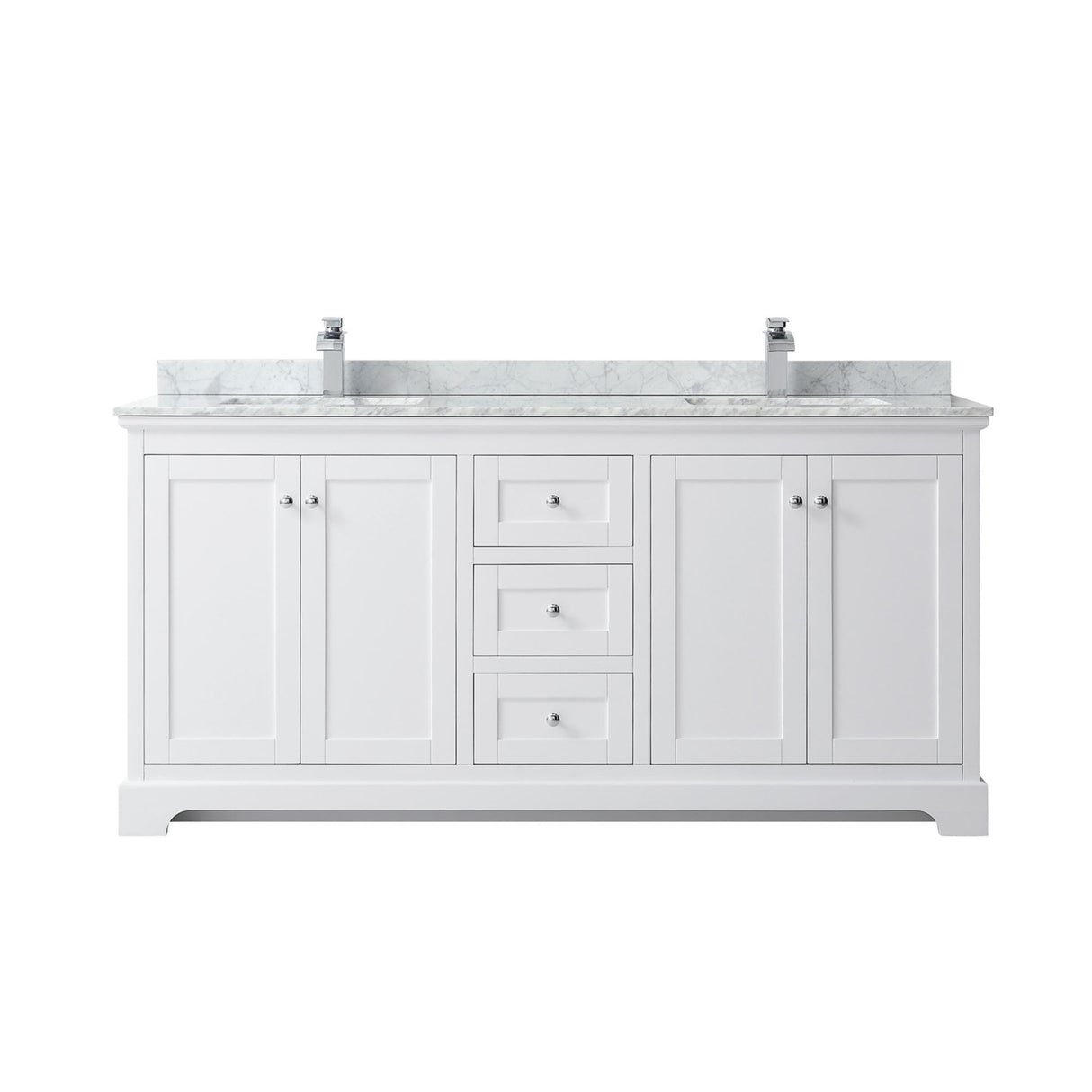 Wyndham Collection Avery 72 Inch Double Bathroom Vanity in White, White Carrara Marble Countertop, Undermount Square Sinks, and No Mirror Wyndham Collection