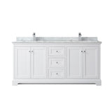 Wyndham Collection Avery 72 Inch Double Bathroom Vanity in White, White Carrara Marble Countertop, Undermount Square Sinks, and No Mirror Wyndham Collection