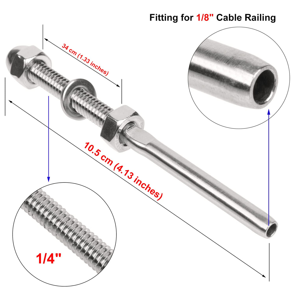 BLIKA 50 Pack Cable Railing Swage Threaded Stud Tension End Fitting Terminal for 1/8" Deck Cable Railing, T316 Stainless Steel, Cable Railing Tensioner 1/8" for 2"x2" Wood/Metal Post BLIKA