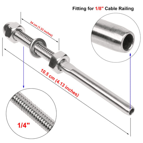 BLIKA 50 Pack Cable Railing Swage Threaded Stud Tension End Fitting Terminal for 1/8" Deck Cable Railing, T316 Stainless Steel, Cable Railing Tensioner 1/8" for 2"x2" Wood/Metal Post BLIKA