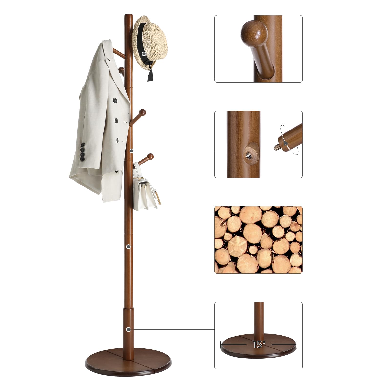 VASAGLE Solid Wood Coat Rack, Wood Hall Tree, Coat Rack Stand with 7 Rounded Hooks, Stable Round Base, 3 Height Options, for Living Room, Bedroom, Home Office, Dark Walnut URCR07WN - WoodArtSupply