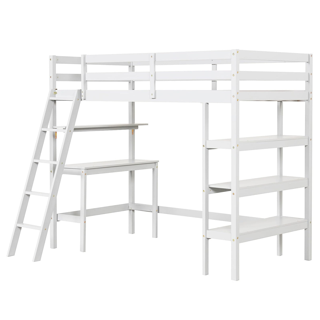 KOTEK Twin Loft Bed with Desk & Storage Shelves, Solid Wood Loft Bed Frame with Bookcase, Ladder, Guardrails, Twin Size Loft Bed for Kids, Teens, Drom, Apartment (White) KOTEK