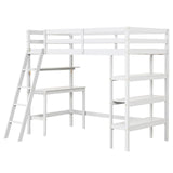 KOTEK Twin Loft Bed with Desk & Storage Shelves, Solid Wood Loft Bed Frame with Bookcase, Ladder, Guardrails, Twin Size Loft Bed for Kids, Teens, Drom, Apartment (White) KOTEK