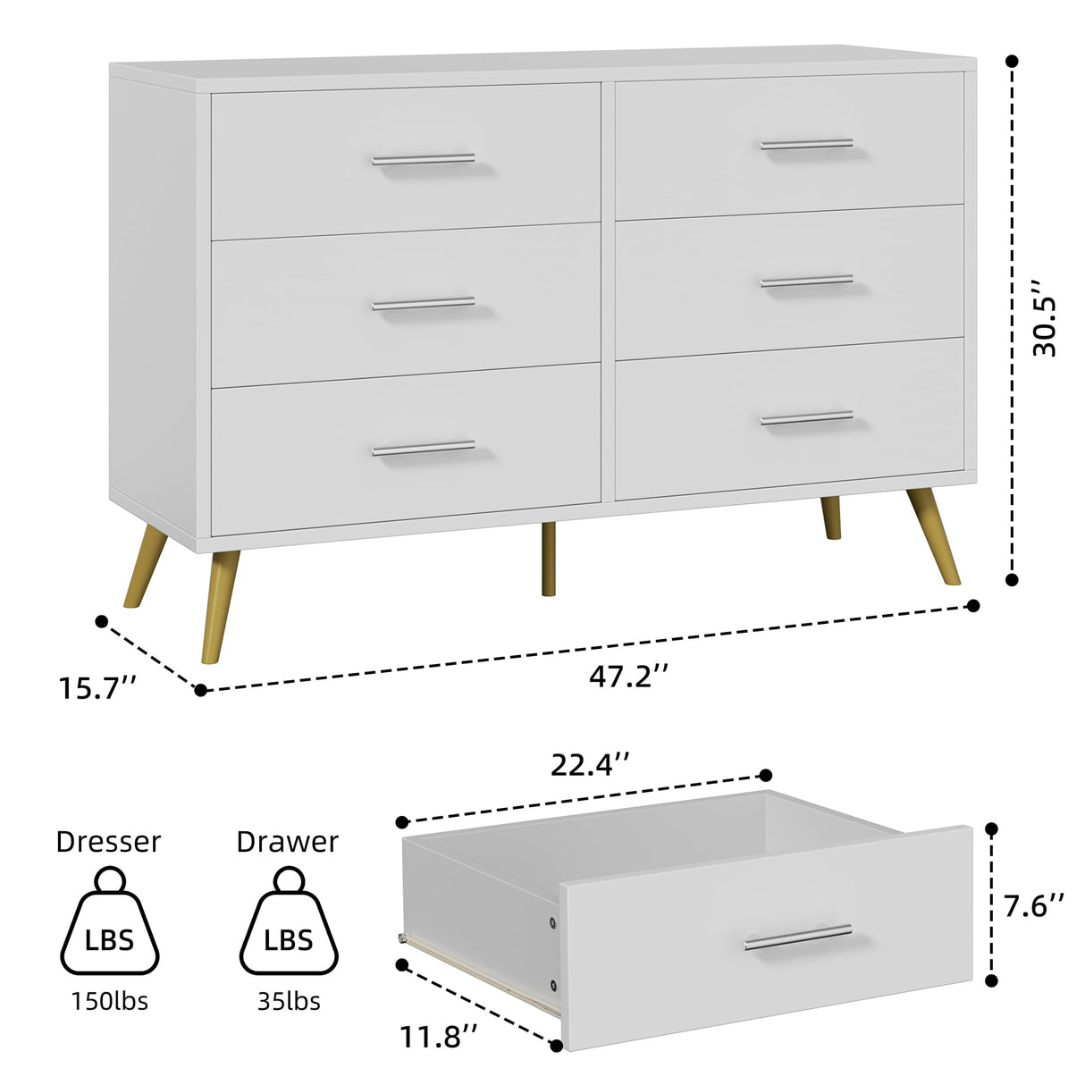 Shintenchi 6 Drawer Dresser, White Double Dresser for Bedroom, Modern Chest of Drawers TV Stand, Wooden Storage Organizer for Living Room, Entryway, White and Gold Dresser Shintenchi