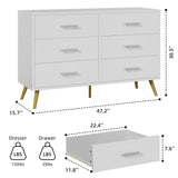 Shintenchi 6 Drawer Dresser, White Double Dresser for Bedroom, Modern Chest of Drawers TV Stand, Wooden Storage Organizer for Living Room, Entryway, White and Gold Dresser Shintenchi