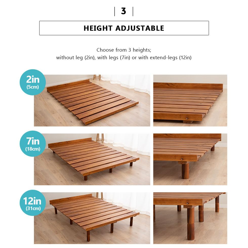 EMOOR Wood Slatted Floor Bed Frame OSMOS Queen for Japanese Futon Mattress Solid Pine (Retro-Brown), Height Adjustable (2/7/12in) Tatami Mat EMOOR