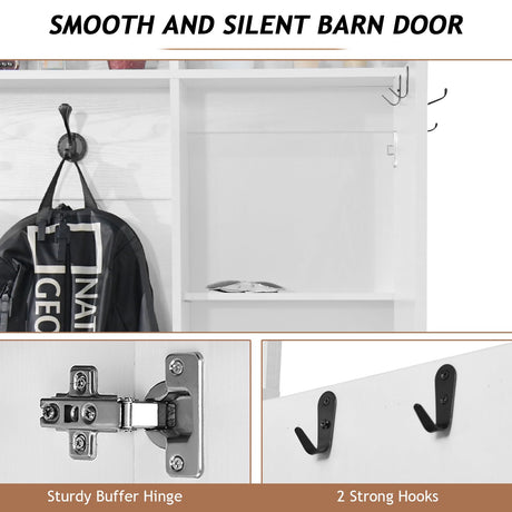 4ever2buy 79 Inch Hall Tree with Bench and Shoe Storage, Farmhouse Hall Tree with Coat Rack, White Entryway Bench with Barn Door and Adjustable Shoe Cubbies, Mudroom Hall Tree with 3-Tier Cabinet 4ever2buy