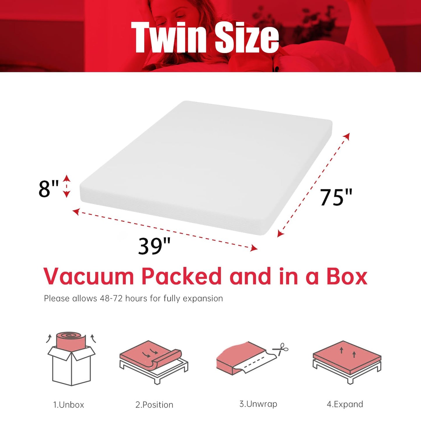 8 Inch Twin Mattress Gel Memory Foam Mattress for Cool Sleep Pressure Relief Breathable Cover Mattress Medium Firm Twin Size Mattress in a Box Cooling Gel Infused Bed Mattresses, White