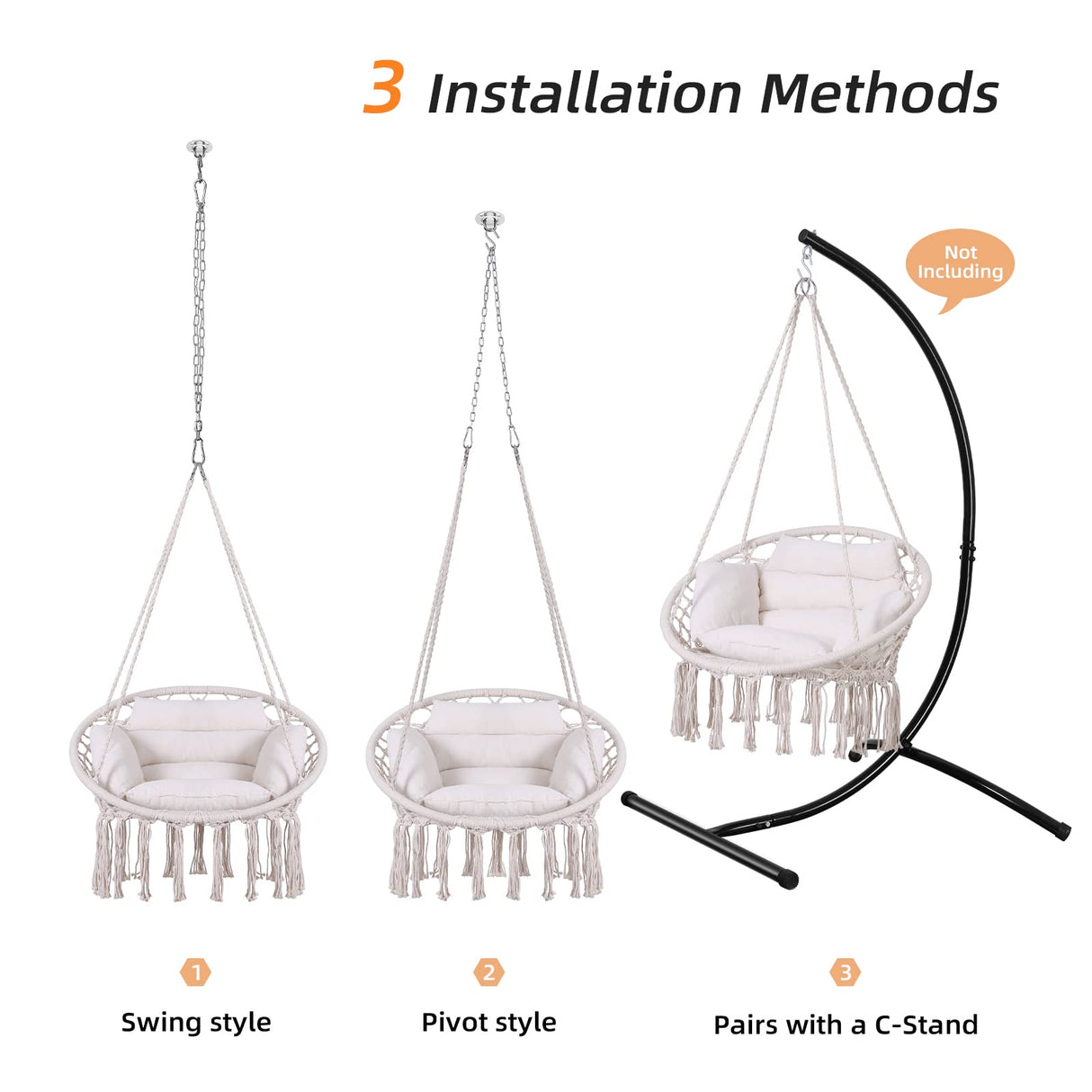 Goutime Hammock Chair, Macrame Hanging Swing Chairs with Cushion and Hardware Kit,Adult Boho Swings for Outside,Patio,Balcony,Bedroom (Beige) GOUTIME