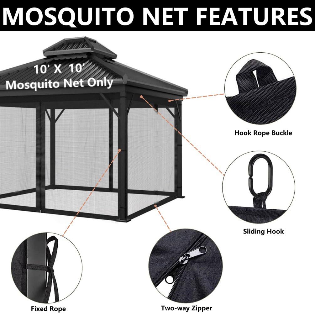 Dhyazqfit Mosquito Net for Outdoor Gazebo Canopy 4-Panel Canopy Screen Wall with Zipper for 10 x 10' Patio Gazebo and Tent (Only Mosquito Net No Frame) 10' x 10' with Double Door (Black)