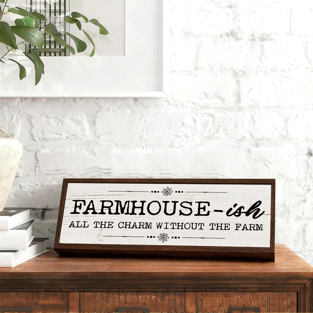 Country Style Wood Decor, Farmhouse-ish Sign, Framed Wooden Wall Plaque, Rustic Home Decor for Living Room Kitchen, All the Charm without the Farm Sign 9.5x3.1x1 inches BQL