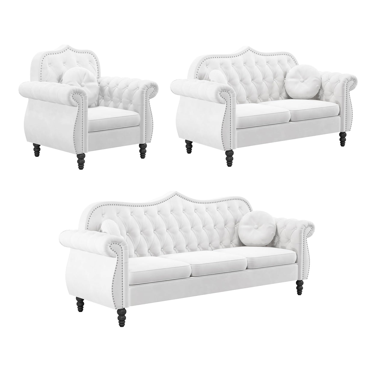 AVZEAR 3-Piece Living Room Sectional Sofa Set, Mid-Century Modern Chesterfield Upholstered Velvet Sofa Couch, Classic Tufted Button White Couch with Nailhead Trim for Living Room, Office (White) AVZEAR
