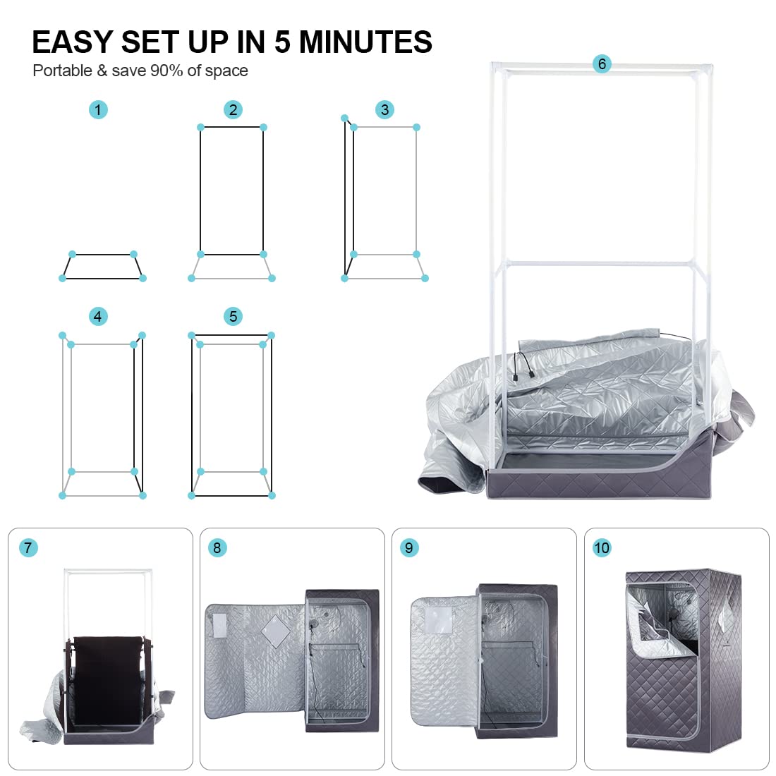 iDOTODO Full Size Portable Personal Infrared Sauna for Home, Personal Home Spa Tent with Remote Control, Heating Foot Pad, Foldable Reinforced Chair （Grey, L33.8 x W 33.8" x H 66.5" iDOTODO