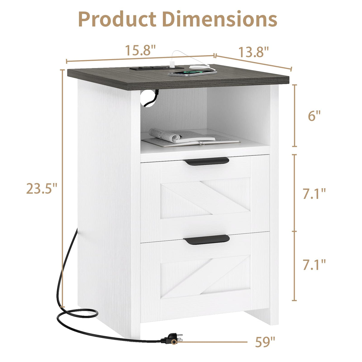 AURINEST Farmhouse Night Stand Set of 2 with Charger Station, Bed Side Table with 2 Drawers and Storage Shelf, Rustic End Table for Bedroom, Living Room, Small Spaces, White AURINEST