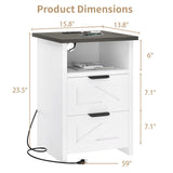 AURINEST Farmhouse Night Stand Set of 2 with Charger Station, Bed Side Table with 2 Drawers and Storage Shelf, Rustic End Table for Bedroom, Living Room, Small Spaces, White AURINEST