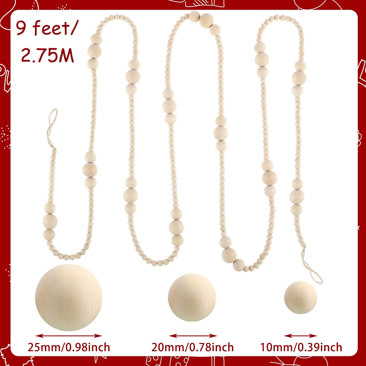 Ceenna 2 Pcs 18 ft Christmas Wood Bead Garland without Tassels 9ft Wooden Beads Garland Rustic Farmhouse Beads Boho Beaded Garland Decor Wooden Bead Garland Decor for Home Boho Decor (Wood) Ceenna