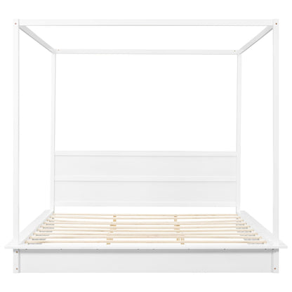 Harper & Bright Designs King Size Canopy Bed with Headboard and LED Light, 4-Post Canopy Platform Bed Frame, Solid Wood King Bed Frame for Kids Teens Adults - White