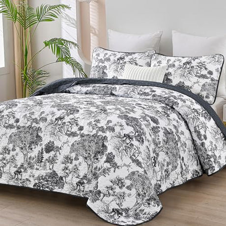 WONGS BEDDING Botanical Quilt Set King Size, Black 3 Pieces Toile Floral Plants Printed Bedspread Bedding Set Soft Lightweight Microfiber Coverlet Set for All Season (104"x90") WONGS BEDDING