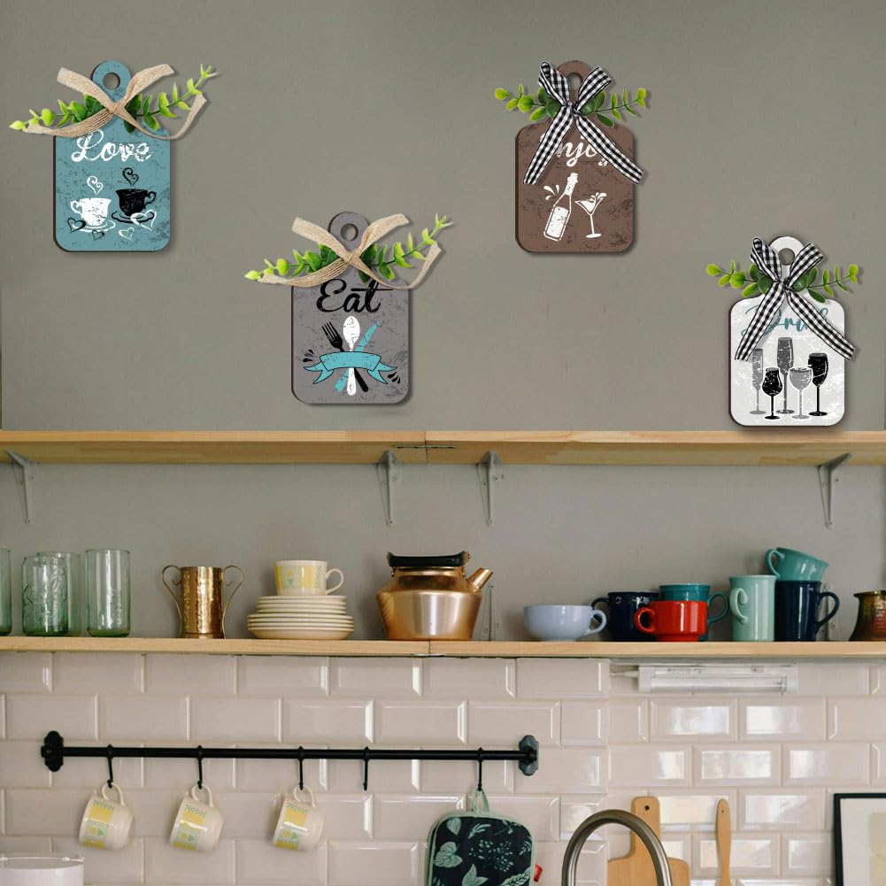 PH PandaHall 4pcs Kitchen Wall Decor Wood Sign, Eat Drink Love Enjoy Wood Sign Kitchen Wall Decor Hanging Plaques Farmhouse Eat Sign Board Sign for Home Kitchen Dining Living Room Bar Cafe PH PandaHall